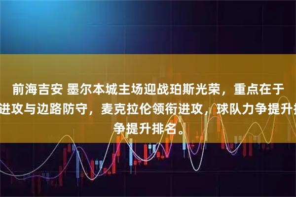 前海吉安 墨尔本城主场迎战珀斯光荣，重点在于右路进攻与边路防守，麦克拉伦领衔进攻，球队力争提升排名。